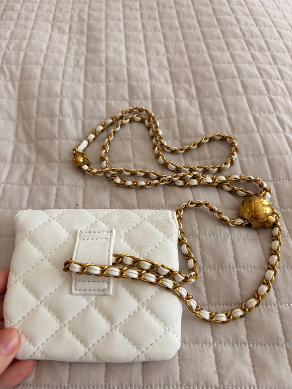 White Quilted Crossbody Bag with Gold Chain